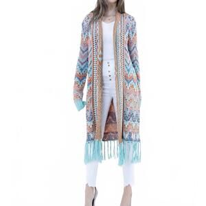 NEW ORIGINAL USA chevron knit long fringe cardigan in multicolor